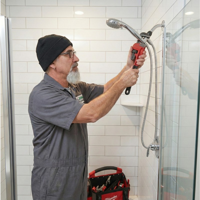 Rush Plumbing serviceman working on shower to fix a leaking faucet 